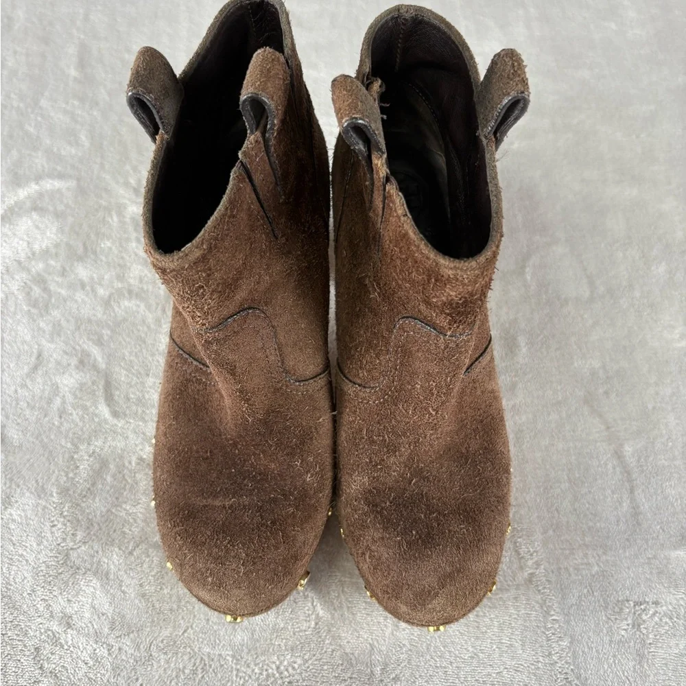 Tory Burch Suede Clog Ankle Boots Brown Wooden Heel Studded‎ Size 6 Women’s